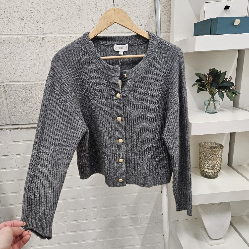 Gold Button Grey Knit Cardigan
